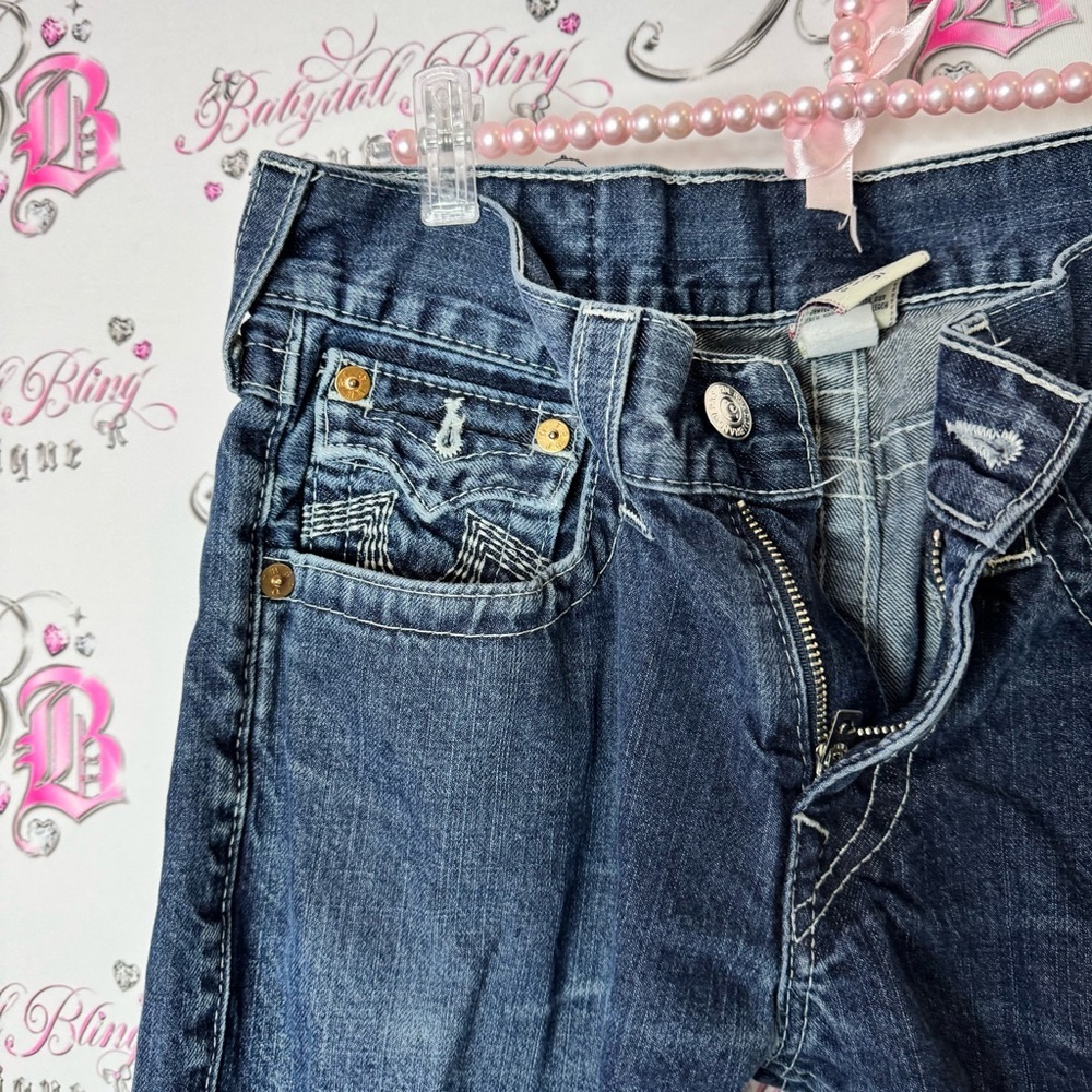 True Religion Blue Straight Jeans Classic Style pockets on back logo rare - Picture 4 of 6